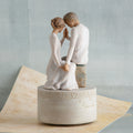 Faceless couple figurines sitting down holding hands in all white sitting on round white pedestal with music sheet and blue background