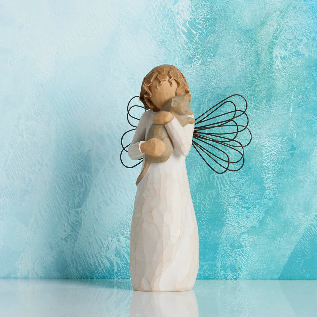 Willow Tree With affection, 5”h hand-painted standing resin angel figure, in cream dress with wire wings, holding gray cat, in front of cerulean painting