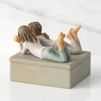 Back/left view of closed rectangular blue-gray resin box, sculpture of two girls affixed to lid