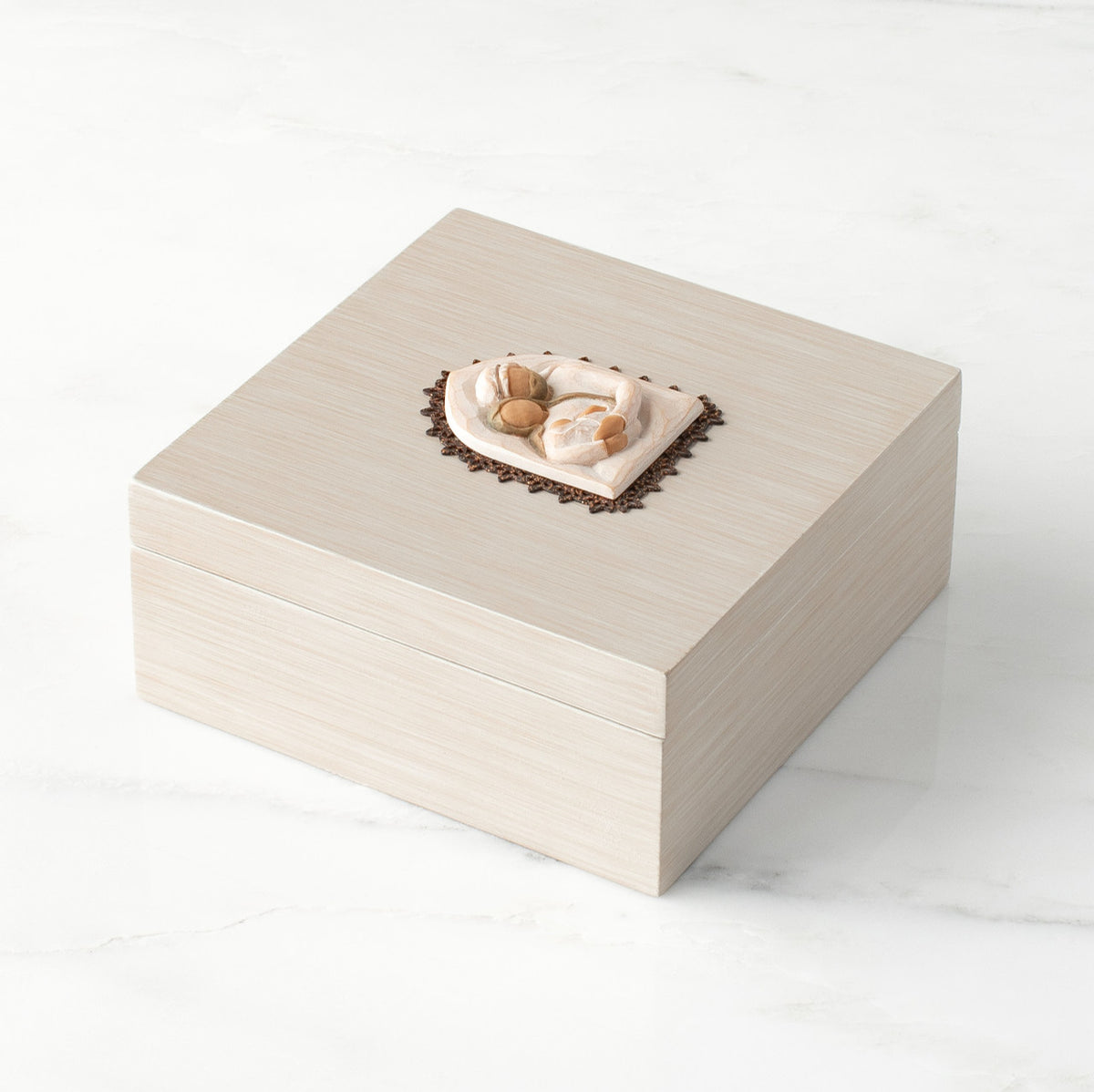 Side view: hand-painted cream square wood box, with hinged lid