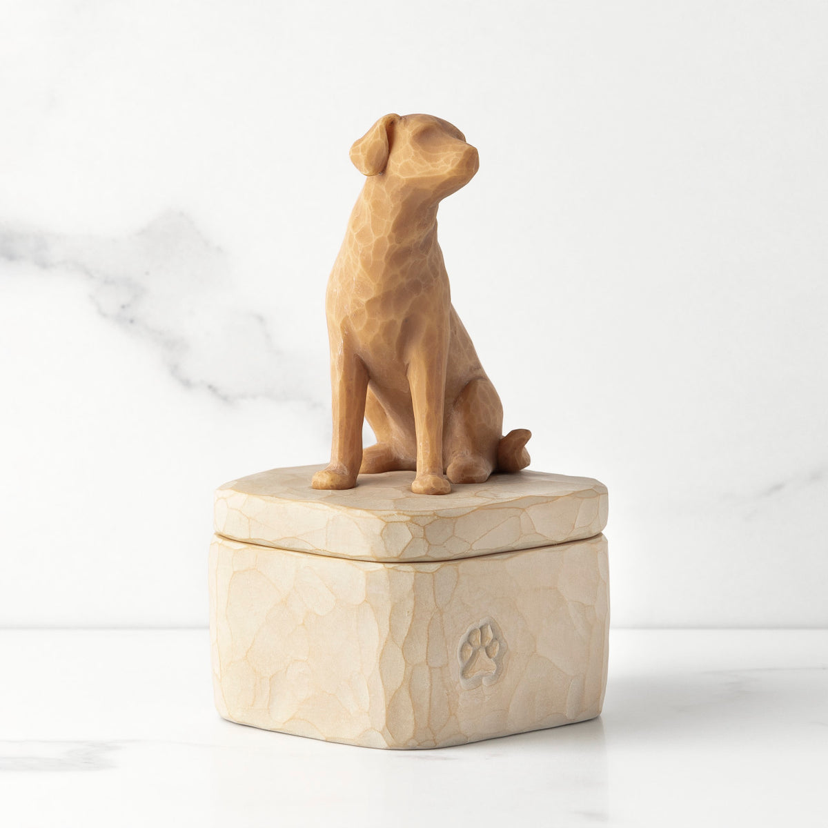 Putty-colored square resin box, 3-D figure of golden dog on lid, paw print carving on side of box
