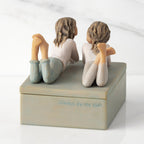 Back view of closed rectangular blue-gray resin box, legs and feet of two girls affixed to lid, showing sentiment carved in back of box lid
