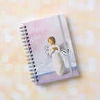 Willow Tree Remembrance Notebook, 6.5"w x 8.5"h, hard-cover, spiral-bound, 240 lined pages, front cover features Remembrance figure on background of purple-blue painting