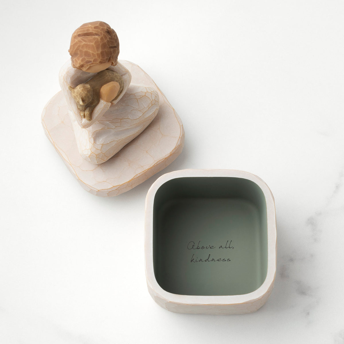 Inside: cream square resin box with sentiment written on bottom inside of box. Detached lid