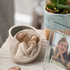 Willow Tree Grandmother Keepsake Box, 3.4" oval x 1.5" h hand-painted resin box with removable lid off to one side. Lid has bas-relief carving of older woman in cream dress, holding up baby, inside of box has sentiment