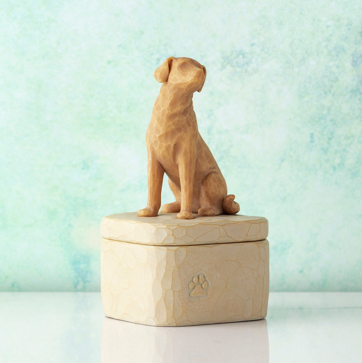 Willow Tree Love my Dog (golden) Keepsake Box, 3"w x 3.25”d hand-painted resin box with 3.4”H carved figure of golden dog affixed to lid, in front of pale green painting