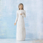 Willow Tree With sympathy, 9”h hand-painted standing resin figure in cream dress, holding white dove on hand, in front of pale blue painting