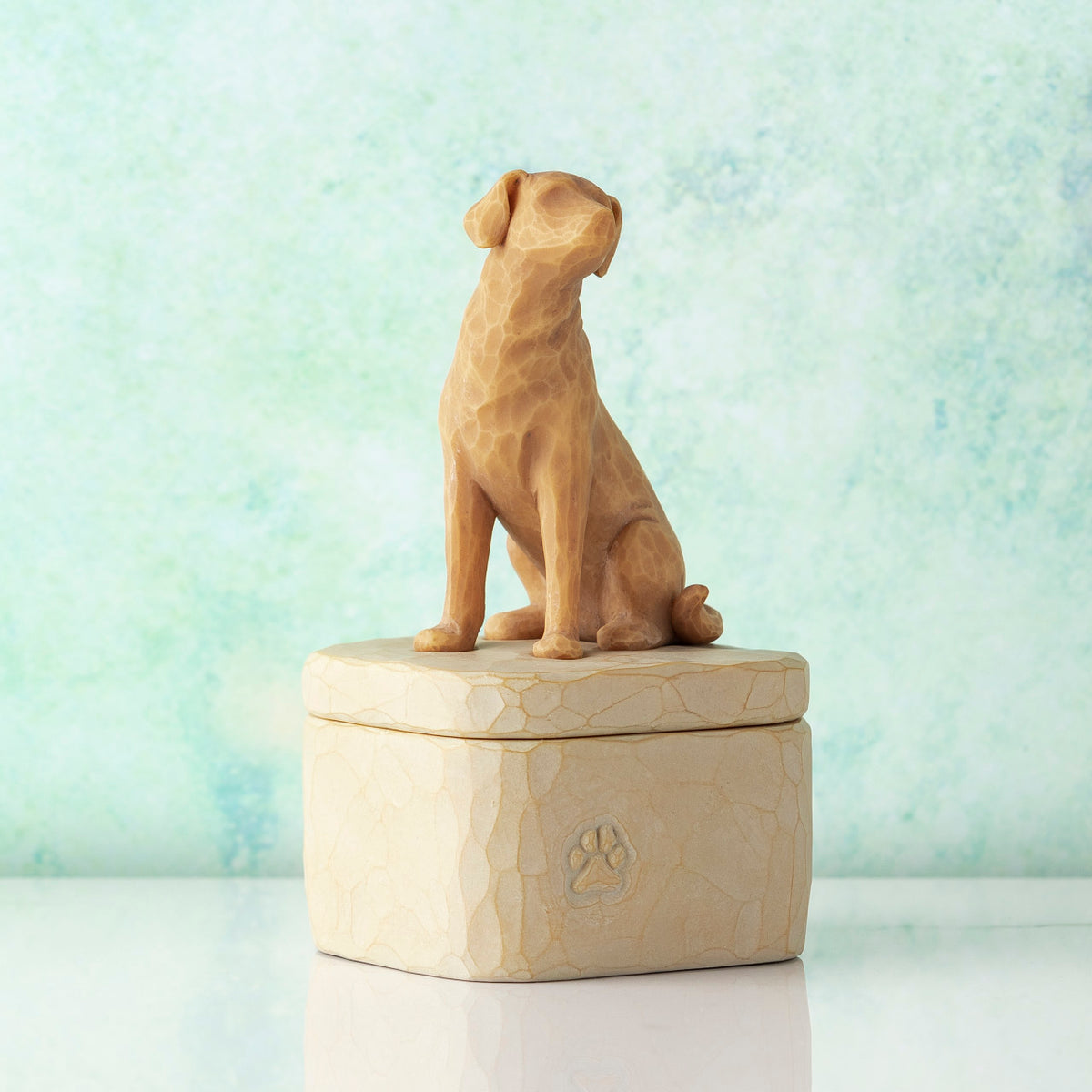 Willow Tree Love my Dog (golden) Keepsake Box, 3"w x 3.25”d hand-painted resin box with 3.4”H carved figure of golden dog affixed to lid, in front of pale green painting