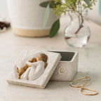 Willow Tree Friendship True Box, 3”sq x 2”h hand-painted resin box with removable lid off to one side, jewelry inside box. Lid has bas-relief carving of seated figure in cream dress, playing with yellow dog, inside of box has sentiment