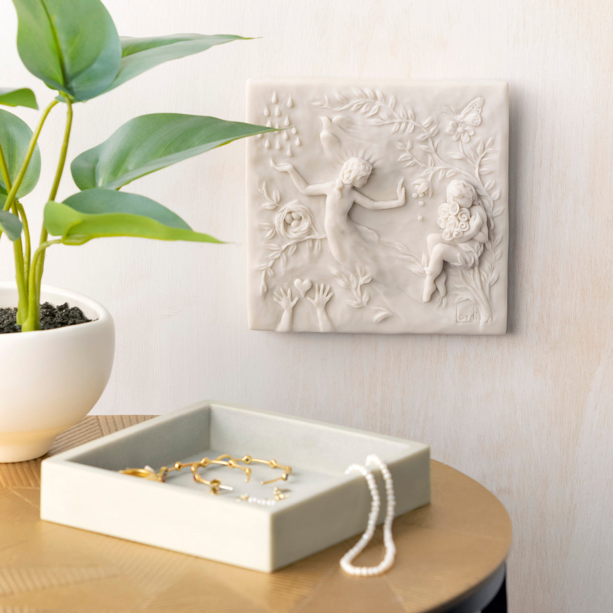 Willow Tree A Healing Wish Keepsake Box, 5"sq x 1.75"H hand-painted off-white resin box, detatched lid carved with organic/figural symbols, sentiment inside lid and velvety finish inside base, open with lid hanging on wall as decorative plaque